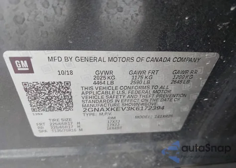 2019 Chevrolet Equinox Lt z USA, uszkodzony, nr VIN 2GNAXKEV3K6172394